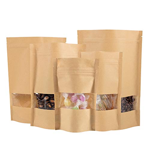 PandaHall 46Pcs Kraft Bolsa Papel con Cierre Zip, Reutilizable de Bolsa de pie con Ventana Transparente y Muesca del rasgón del lacre para Guardar, Galleta, Alimentos secados, Aperitivos