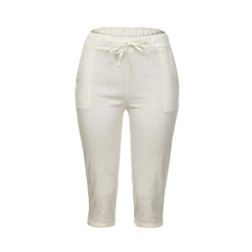 PAOLIAN Pantalones Corta para Mujer Verano 2018 Casual Negocios Pantalones de Vestir Sólido Fiesta Cintura Alta Palazzo Pantalon Pinzas Mujer Lino 3/4 Pretina Elástica Tallas Grandes (4XL, Beige)