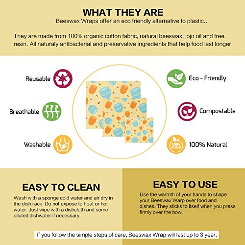 Papel de Cera, Envolturas de Cera de Abeja Reusables de Lyeiaa, Envolturas de Alimentos Reutilizables, Juego de 3 en Varios Tamaños