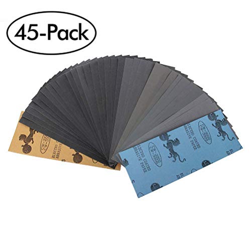 Papel de Lija, 45 Pieza 120 a 3000 Grit Surtido Papel Lija, de 9x3.6 pulgadas para lustramuebles de madera, metal de lijado y abrillantar coche