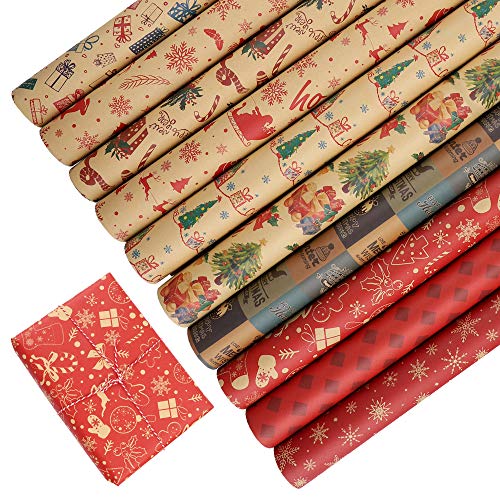 Papel kraft para envolver Navidad, 10 hojas de papel para envolver regalos, surtido, rollo de papel para envolver reciclable, para regalo de fiesta navideña, 50x70 cm brown,red