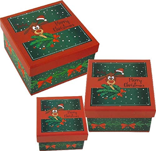 Paper Collection Muebles Hogar Accesorios Decorativos Organización Contenedores Juego de 3 Cubos en Cartón de Almacenaje con Tapa Árbol de Navidad Reno Verde Rojo Varios Tamaños