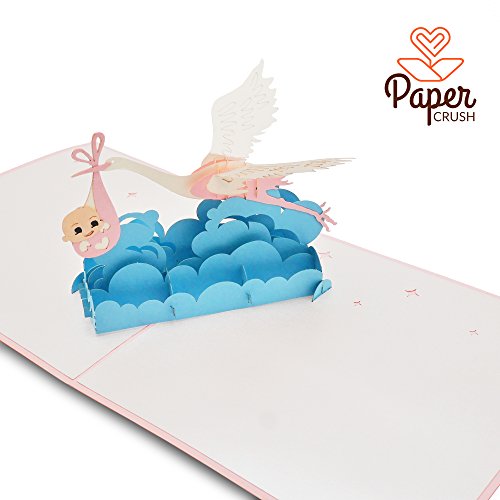 PaperCrush® - Tarjeta pop-up para nacimiento de bebé y niña en 3D, tarjeta de felicitación para nacimiento de la hija, tarjeta de felicitación hecha a mano, tarjeta postal con cigüeñal