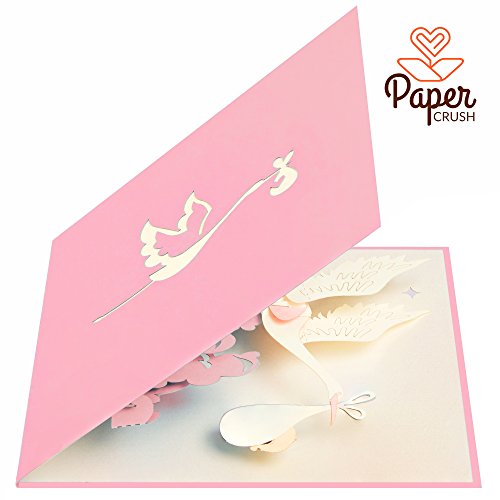 PaperCrush® - Tarjeta pop-up para nacimiento de bebé y niña en 3D, tarjeta de felicitación para nacimiento de la hija, tarjeta de felicitación hecha a mano, tarjeta postal con cigüeñal