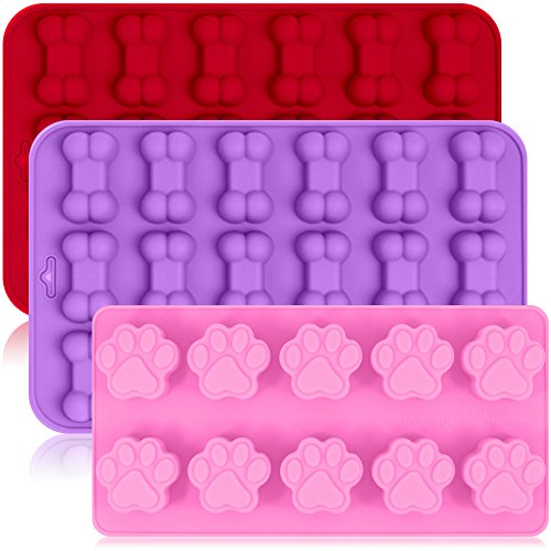 Paquete 3 Moldes de Silicona Bandejas de Hielo con la pata del Perro de Perrito y la Forma del Hueso, FineGood Reutilizable para Hornear Bicarbonato de Caramelo de Chocolate - Rosa, Rojo, Púrpura