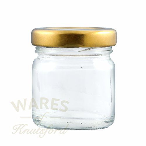 Paquete de 100 x tarros de mermelade pequenos (41ml) con tapa twist de color dorado. Frascos de mermelade y conservas. Perfecto para pequeños regalos, muestras y favores de la boda.