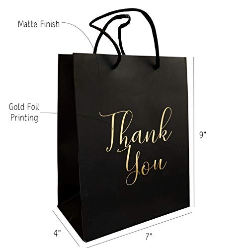 Paquete de 12 bolsas de regalo de agradecimiento – bolsas de papel de regalo con "Thank You" en relieve en letras doradas, para fiestas de cumpleaños, bodas, 10 x 18 x 9 cm, color negro mate