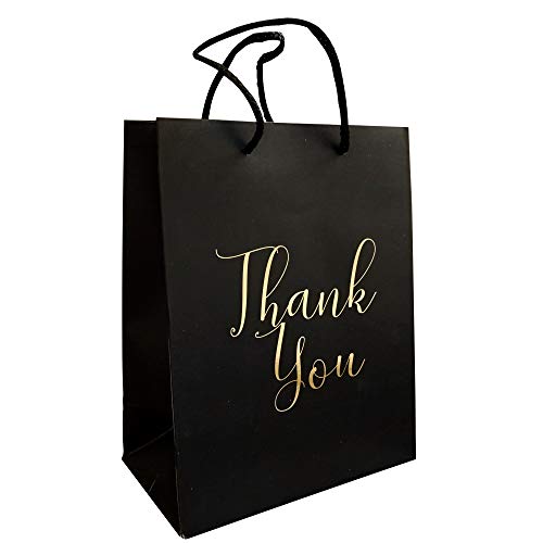 Paquete de 12 bolsas de regalo de agradecimiento – bolsas de papel de regalo con "Thank You" en relieve en letras doradas, para fiestas de cumpleaños, bodas, 10 x 18 x 9 cm, color negro mate