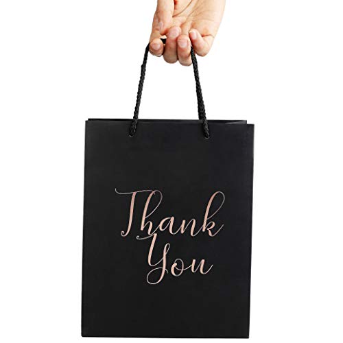 Paquete de 12 bolsas de regalo de agradecimiento – bolsas de papel de regalo con "Thank You" en relieve en letras doradas, para fiestas de cumpleaños, bodas, 10 x 18 x 9 cm, color negro mate