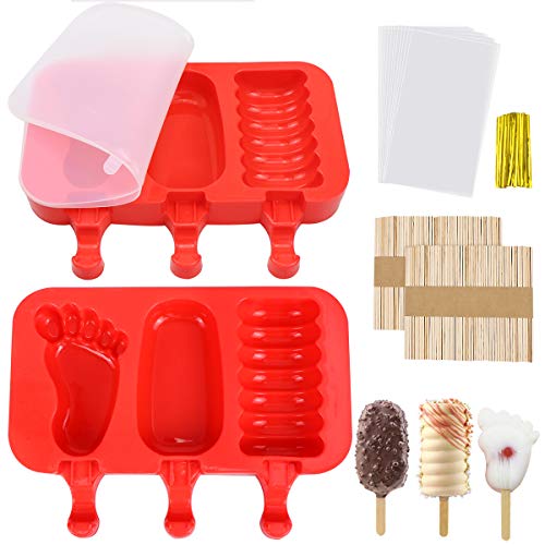 Paquete de 2 helados de silicona Homgaty con tapas Cute Ice Pop Makers Ice Lolly Model Set para niños bebé (con 100 palitos de madera y 20 bolsas transparentes)