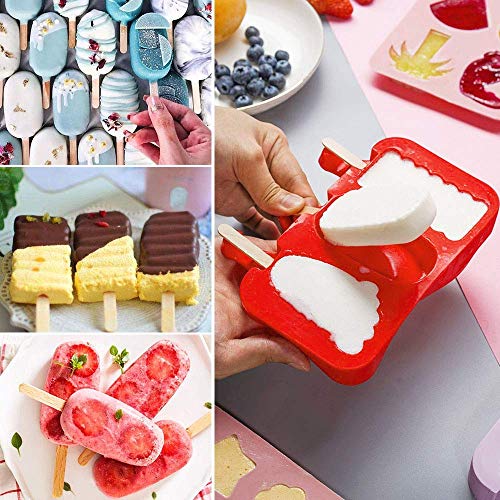 Paquete de 2 helados de silicona Homgaty con tapas Cute Ice Pop Makers Ice Lolly Model Set para niños bebé (con 100 palitos de madera y 20 bolsas transparentes)