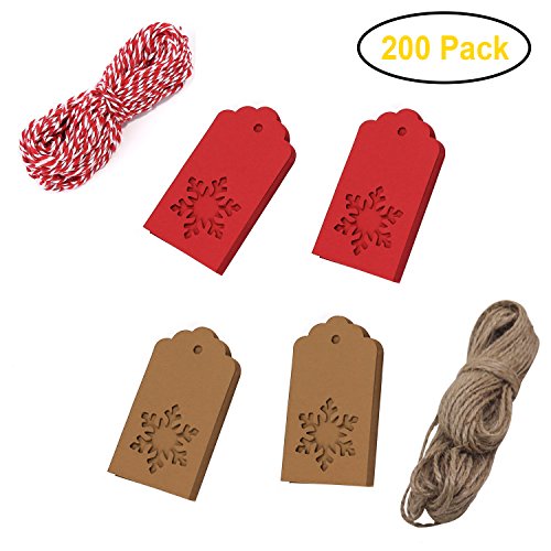 Paquete de 200 etiquetas de regalo de papel kraft en forma de copo de nieve, con 40 metros – 131 pies de cuerda de yute natural, etiquetas para colgar, Senhai, color rojo, marrón