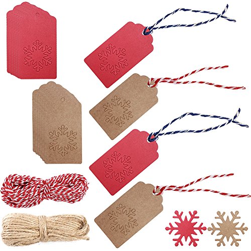 Paquete de 200 etiquetas de regalo de papel kraft en forma de copo de nieve, con 40 metros – 131 pies de cuerda de yute natural, etiquetas para colgar, Senhai, color rojo, marrón