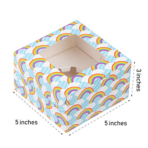 Paquete de 24 cajas para cupcakes – Contenedores individuales con diseño de arcoíris con ventana e insertos, caja de panadería brillante, 2 diseños, 5 x 3 x 5 pulgadas