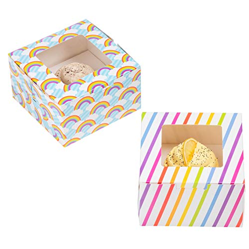 Paquete de 24 cajas para cupcakes – Contenedores individuales con diseño de arcoíris con ventana e insertos, caja de panadería brillante, 2 diseños, 5 x 3 x 5 pulgadas