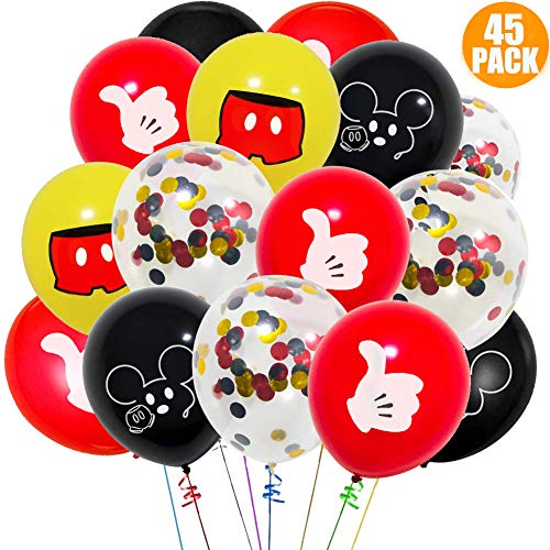 Paquete de 45 globos de Mickey Mouse, globos de látex de 12 pulgadas, rojo, negro, amarillo, Mickey Color Confeti Globos Kit para Baby Bbay Party Baby Shower Mickey Mouse Tema Party Supplies