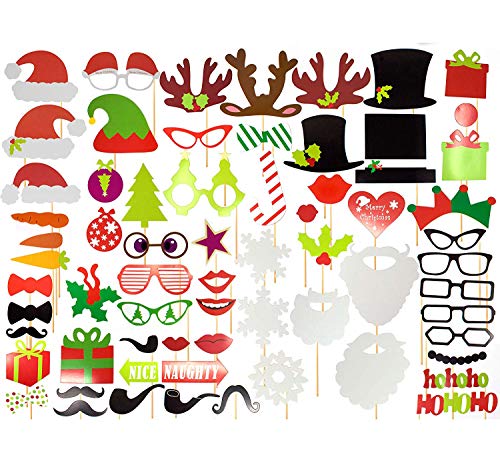 Paquete de 65 - Accesorios Festivos de Navidad para Photocall, Photo Booth Fotocall - Selección de Lentes, Sombreros, eslogans y Señales - Ideales para Fiestas de Navidad.