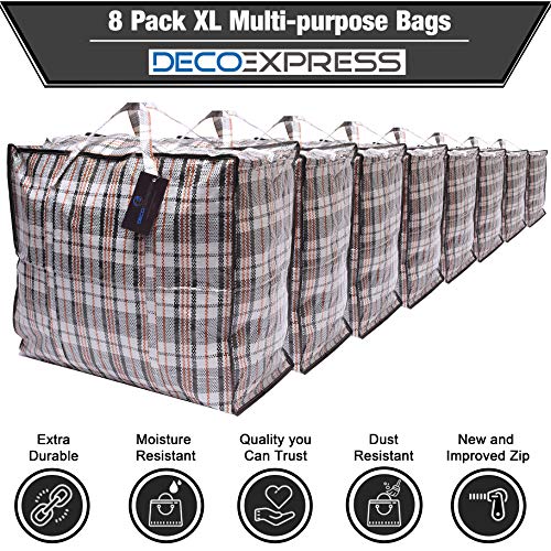 Paquete de 8 bolsas de compras XX-Large STRONG Storage Laundry - Bolsas XXL con cremallera y asas a cuadros - Bolsa reutilizable con cierre de cremallera (surtido)