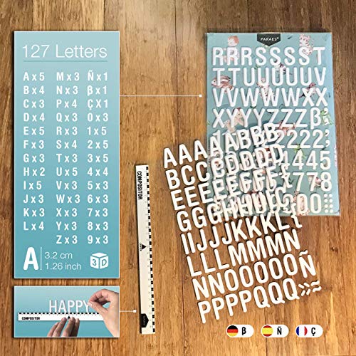 PARAES® Letras Adhesivas Blancas con Volumen - (32 mm de Altura) 127 Caracteres Letras Decorativas Números Blancos - Scrapbooking Materiales - Material Manualidades