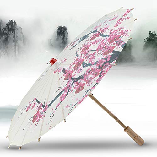 Paraguas Hecho a Mano Papel De Aceite Pintura Clásica Plum Blossoms Dancing Props Parasol a Prueba De Lluvia Retráctil con Mango De Madera