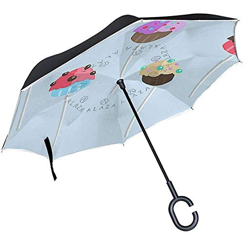 Paraguas invertido mengmeng, Style Cupcake Pops Noche Invertida Sombrillas de Golf con Borde Reflectante, Toldo de Doble Capa