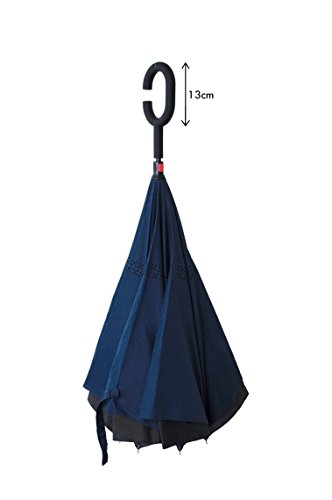 Paraguas invertido Plegable ADVERS Inverso Reverso Doble Capa Innovador Compacto Mango Forma C Resistente Tira Funda Viento Antiviento Negro Impermeable Coche Regalo Mujer Hombre Grande (Azul Marino)