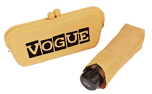 Paraguas Vogue presentado en un Bonito Estuche Tipo Clutch. Ideal para Regalar y Llevar de Viaje, al Gimnasio. Antiviento, con Acabado Teflón y protección Solar. (Beige Dorado)