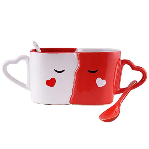 Parejas Juego de 2 Tazas de Desayuno Café o Te – Accesorio de Cerámica Besándose – Cuchara de Corazón de Amor – Caja de Regalos para día San Valentín con Frase de Love para novio y novia