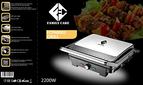 Parrilla Eléctrica Family Care 2200W, Revestimiento de piedra de máxima antiadherencia, Apertura de 180º y placa superior flotante, acabado de acero inoxidable. Gran superficie de cocción 29cmx24cm