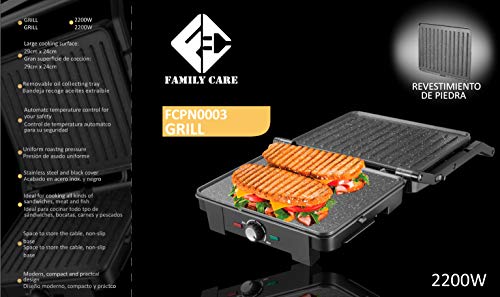 Parrilla Eléctrica Family Care 2200W, Revestimiento de piedra de máxima antiadherencia, Apertura de 180º y placa superior flotante, acabado de acero inoxidable. Gran superficie de cocción 29cmx24cm