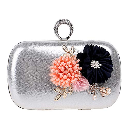 Partido Bolso Mujer Noche Bolsas Nupcial Carteras de Mano y Clutch Flores Cadena Embrague Plateado