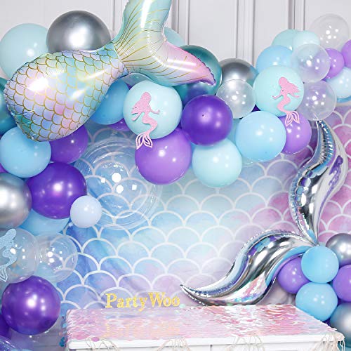 PartyWoo Kit de Guirnalda de Globos de Sirena, 180 pcs Telón de Fondo de Sirena, Globos de Cola de Sirena, Pegatinas de Sirena, Globos Metálicos de Platas,Verdes y Púrpuras, Globos de Mentas y Azules