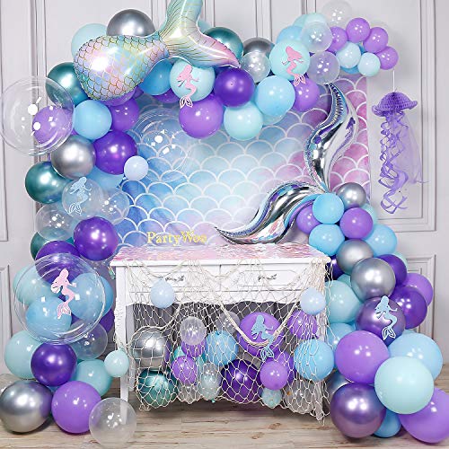 PartyWoo Kit de Guirnalda de Globos de Sirena, 180 pcs Telón de Fondo de Sirena, Globos de Cola de Sirena, Pegatinas de Sirena, Globos Metálicos de Platas,Verdes y Púrpuras, Globos de Mentas y Azules