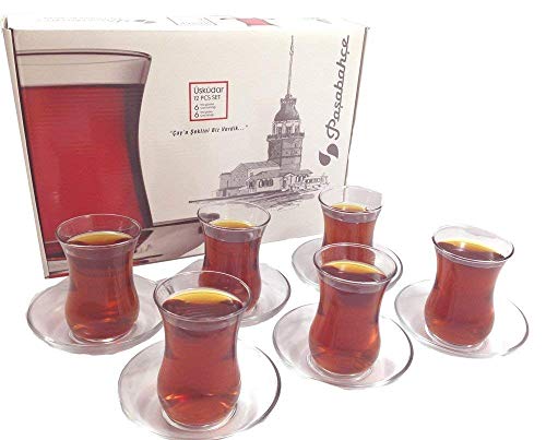 Pasabahce Design - Juego de vasos y platillos de té turcos (6 unidades, 120 cc) 4 onzas Vaso de té turco apto para lavavajillas.