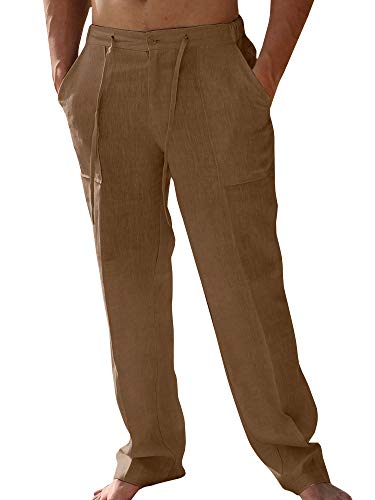 PASLTER pantalones largos de lino y algodón con ajuste holgado y cintura elástica para hombre - - X-Large