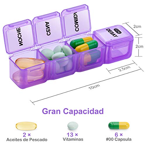 Pastillero Semanal 4 Tomas Español - Organizador Pastillas, con 28 Compartimentos