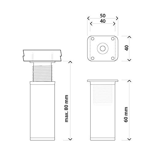 Patas para muebles, 4 piezas, altura regulable | Perfil cuadrado: 40 x 40 mm | Sossai® MFV1-AL | Diseño: Alu | Altura: 60mm (+20mm) | Tornillos incluidos