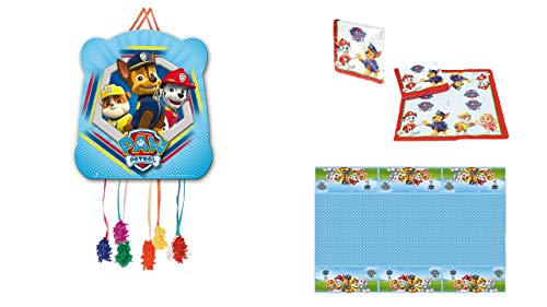 Patrulla Canina 1123, Pack decoración Fiesta y cumpleaños Compuesto por piñata, Mantel de Fiesta de plástico 120x180 cm y Pack de 16 servilletas