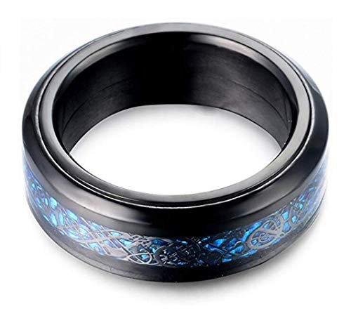 PAURO Hombre Acero Inoxidable Negro Celtic Dragon Azul Fibra De Carbono Inlay Giratorio Anillo 8mm Band Tamaño 14