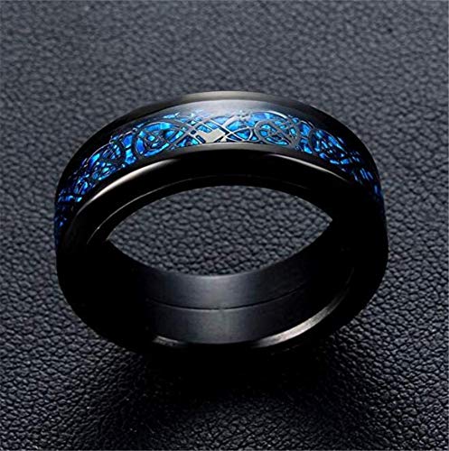 PAURO Hombre Acero Inoxidable Negro Celtic Dragon Azul Fibra De Carbono Inlay Giratorio Anillo 8mm Band Tamaño 14