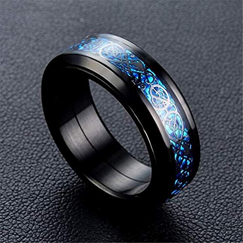 PAURO Hombre Acero Inoxidable Negro Celtic Dragon Azul Fibra De Carbono Inlay Giratorio Anillo 8mm Band Tamaño 14