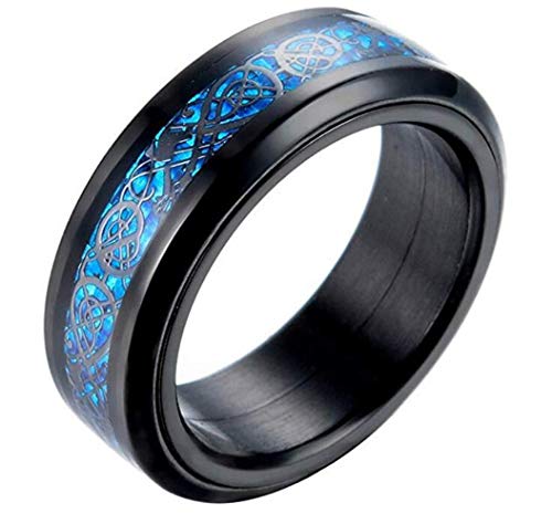 PAURO Hombre Acero Inoxidable Negro Celtic Dragon Azul Fibra De Carbono Inlay Giratorio Anillo 8mm Band Tamaño 14