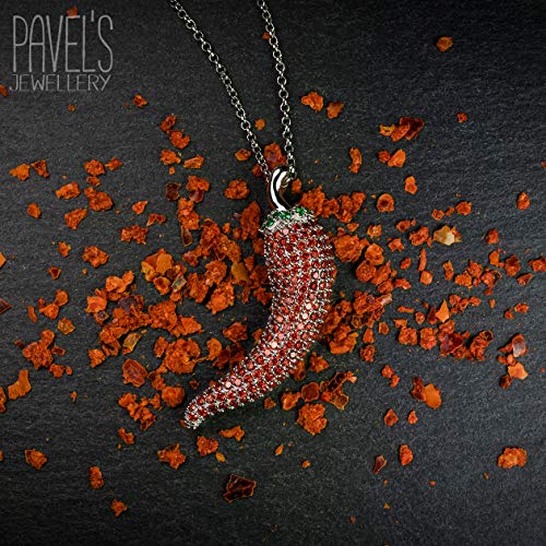 PAVEL´S Collar de Plata Cadena de 42cm Colgante de ají 925 Zirconia cúbica Chile Pimiento Rojo Picante