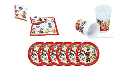 PAW PATROL 0775, Pack Desechables Patrulla Canina,, 16 servilletas, 6 Platos de cartón 20 cms y 6 Vasos de plástico 180 ml