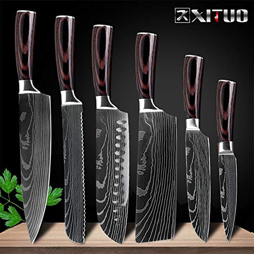 PC 1 Cocina Chef Cuchillos Set 8 pulgadas Modelo japonés 7Cr17 440C alto contenido de carbono del acero inoxidable de Damasco láser de herramientas Santoku rebanar ( Color : 6 PCS value set )