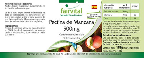 Pectina de Manzana 500mg - VEGANA - Contiene Calcio y Vitamina C - 100 Comprimidos - Calidad Alemana