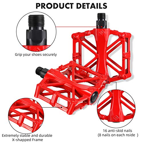 Pedales de Bicicleta de Aluminio Pedales de Bicicleta Antideslizantes Pedales de Bicicleta de Montaña con 16 Clavos Antideslizantes Husillo de Acero al Boro de 9/ 16 Pulgadas para BMX/ MTB (Rojo)