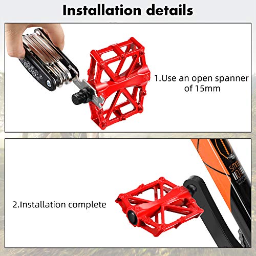 Pedales de Bicicleta de Aluminio Pedales de Bicicleta Antideslizantes Pedales de Bicicleta de Montaña con 16 Clavos Antideslizantes Husillo de Acero al Boro de 9/ 16 Pulgadas para BMX/ MTB (Rojo)