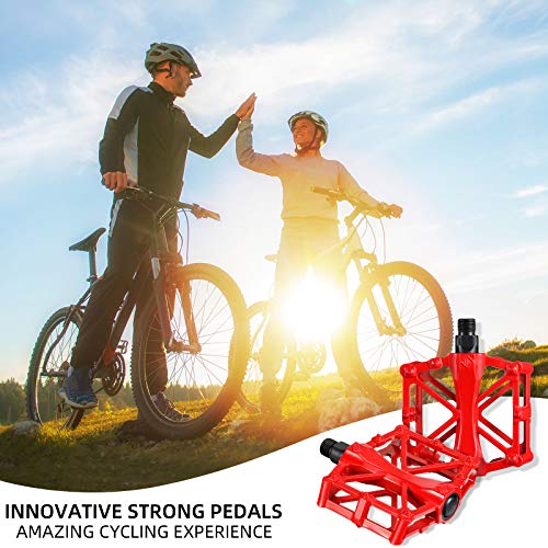 Pedales de Bicicleta de Aluminio Pedales de Bicicleta Antideslizantes Pedales de Bicicleta de Montaña con 16 Clavos Antideslizantes Husillo de Acero al Boro de 9/ 16 Pulgadas para BMX/ MTB (Rojo)