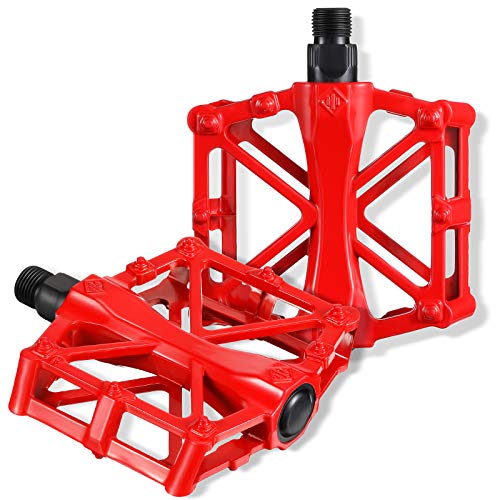 Pedales de Bicicleta de Aluminio Pedales de Bicicleta Antideslizantes Pedales de Bicicleta de Montaña con 16 Clavos Antideslizantes Husillo de Acero al Boro de 9/ 16 Pulgadas para BMX/ MTB (Rojo)